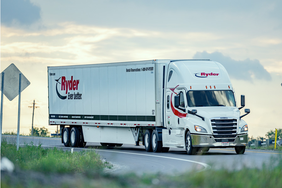 Ryder semi truck driving on the road use for third party logistics services